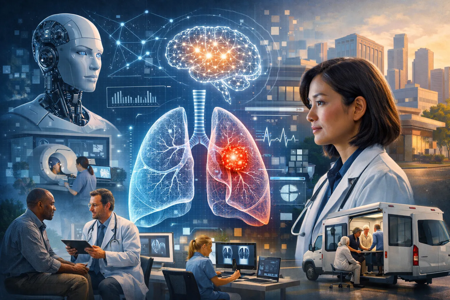 Healthcare professional using AI tools to assist lung cancer diagnosis and treatment