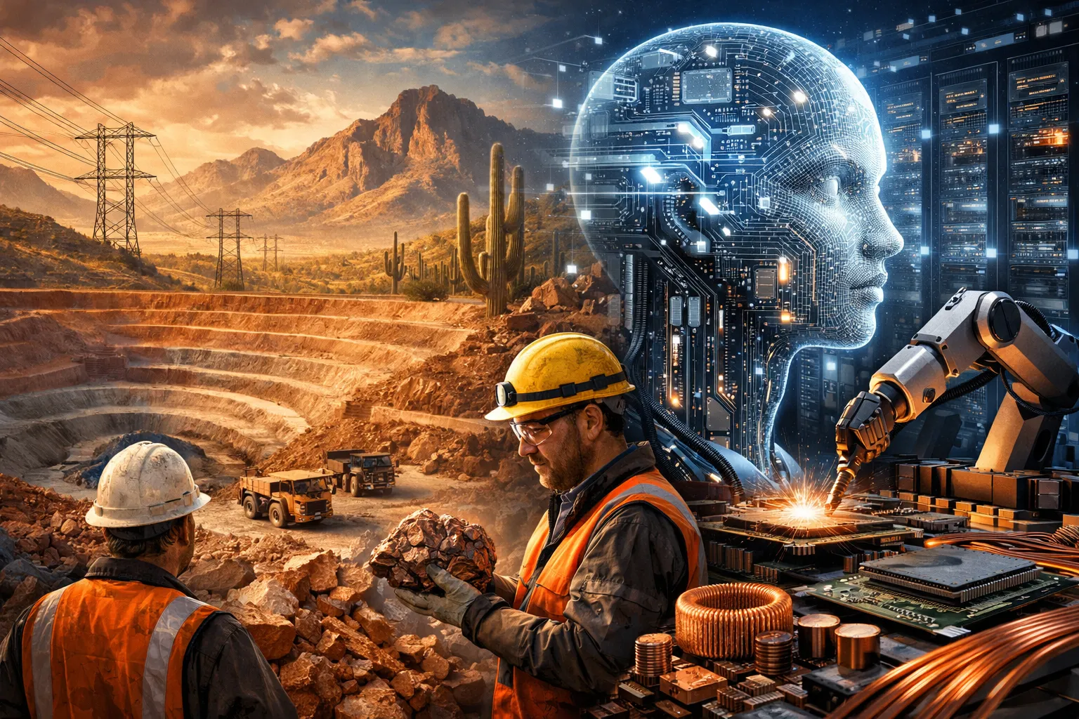 Copper ore and AI circuit boards representing supply chain link