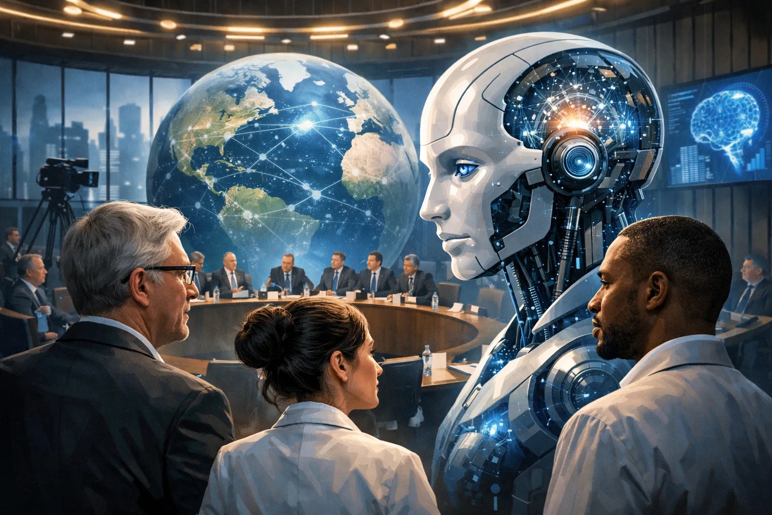 Illustration representing international cooperation in AI governance and oversight.