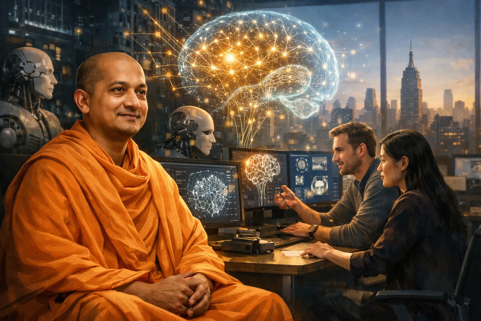 Portrait of Swami Sarvapriyananda, a spiritual monk inspiring AI innovation